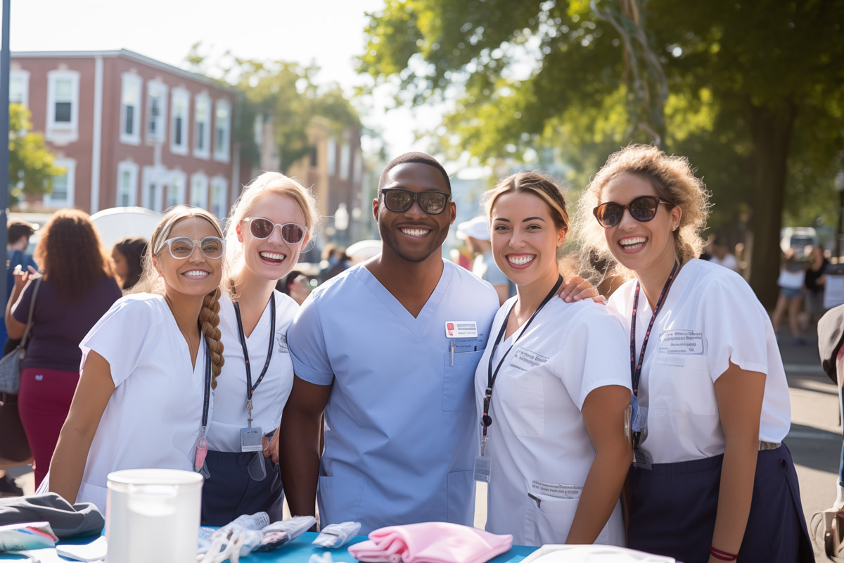 5 medical professionals, smiling, outdoors at a street festival